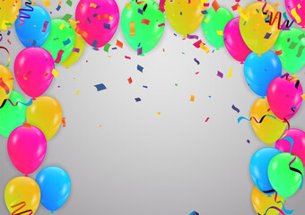 Bright holiday background with variety of colors balloons, flag and confetti. Place for text. Raster version.