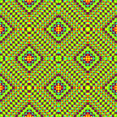 Bright seamless pixel pattern in Mexican style. Vivid tribal geometric triangles and squares ornament. Aztec rug background.