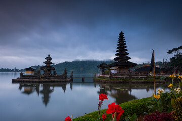 Misty morning at ulun danu temple bedugul bali indonesia