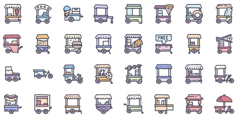Street trade carts color vector doodle simple icon set