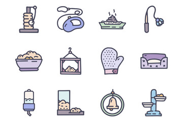 Pet accessories color vector doodle simple icon set