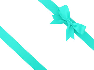 two diagonal turquoise ribbon with bow isolated on white with copy space