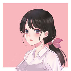 女の子　黒髪　ピンク