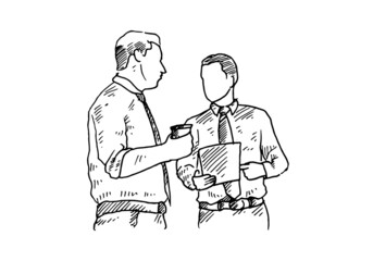 After the meeting, while walking into the workroom the two workers discussed holding a cup of coffee and holding a file. vector draw graphic design illustration sketch
