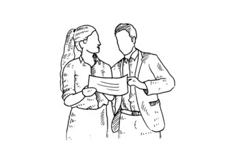 An employee is looking at the meeting results, to his coworkers. vector draw graphic design illustration sketch