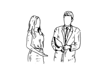 Morning discussion while walking into the meeting room, a beautiful female boss and a handsome employee holding a pile of files for meeting materials. vector draw graphic design illustration sketch