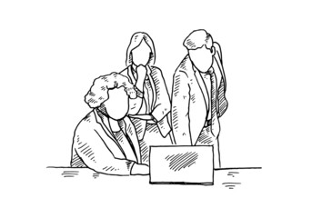 The three employees discussed the meeting materials to be presented, at a work table, with a laptop, and were very serious in the discussion. vector draw graphic design illustration sketch