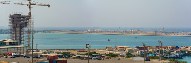 chabahar, iran 27 october 2021, panorama view from the international Port of Shahid Beheshti in chabahar with cargo ships, iran