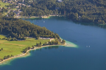 Beautiful Lake Bohinj surrounded by mountains of Triglav national park, Slovenia