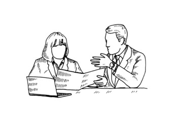 A boss submits a revised draft of work submitted by his subordinates, in the office, at the desk, with his files and laptop. vector draw graphic design illustration sketch