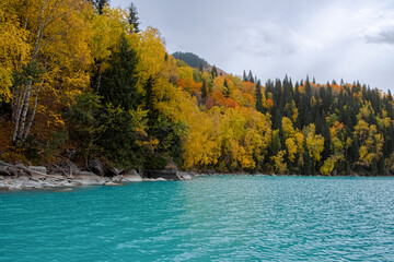 Zhasylkol lake in Dzungarian Alatau, Kazakhstan. Tourism, travel concept.