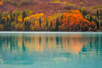 Zhasylkol lake in Dzungarian Alatau, Kazakhstan. Tourism, travel concept.