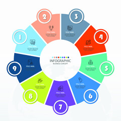 Basic circle infographic template with 9 steps, process or options, process chart, Used for process diagram, presentations, workflow layout, flow chart, infograph. Vector eps10 illustration.