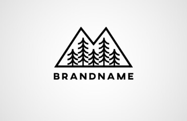 Pine fir and mountain simple line vintage hipster logo design, vector illustration