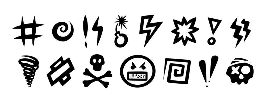 Swear icons set. Censored symbols substituting rude and expletive words in hand drawn style. Vector illustration isolated in white background
