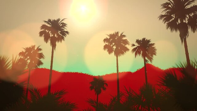 Summer tropical landscape with palm trees and red sunset, motion promotion, summer and retro style background