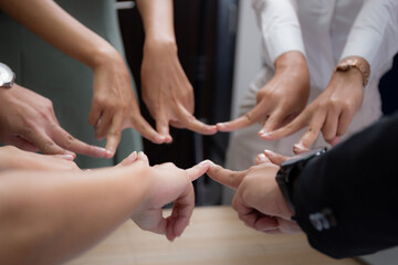 Hands of group team business people harmony together at the office, teamwork and successful, partnership and agreement, community and communication, trust of colleague, business concept.