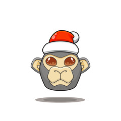 cute ape wearing christmas hat, cute animal head wearing santa hat, cartoon character in kawaii and glossy style