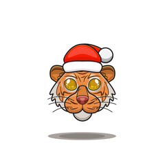 cute tiger wearing christmas hat, cute animal head wearing santa hat, cartoon character in kawaii and glossy style