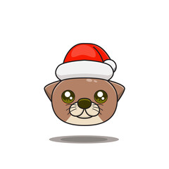 cute otter or beaver wearing christmas hat, cute animal head wearing santa hat, cartoon character in kawaii and glossy style