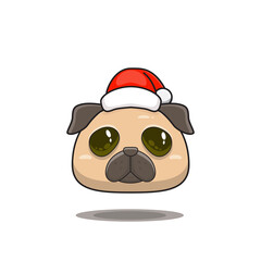 cute pug dog wearing christmas hat, cute animal head wearing santa hat, cartoon character in kawaii and glossy style