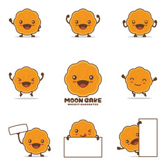 Cute mooncake cartoon. traditional chinese cake vector illustration, with happy facial expressions and different poses