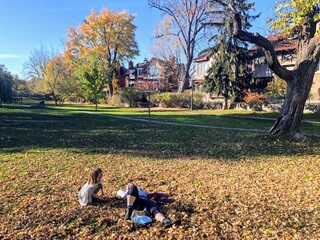 A mother and daughter lying in a pile of autumn leaves surrounded by beautiful trees and homes, on a beautiful fall day in the Glebe, in Ottawa, Ontario Canada - obrazy, fototapety, plakaty