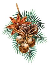 Watercolor cliparts. Print. Christmas composition, fir branches, bells, holly, mistletoe, spices