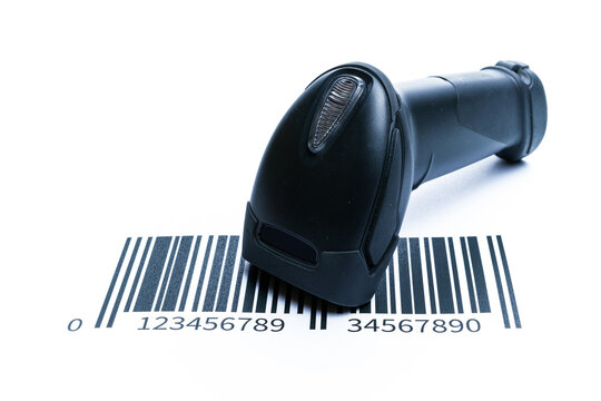 Barcode scanning. Reader laser scanner for warehouse. Retail label barcode scan isolated on white background. Warehouse inventory management.
