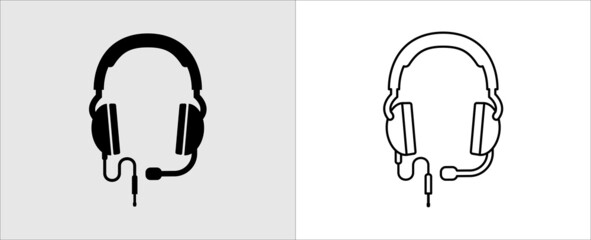 Headphone icon. Corded headset vector icon. Built in microphone. Over ear headphone illustration. Symbol of customer service, help and support center and audio music listening.