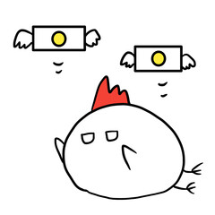 お金が飛んでいくのを追いかける鶏
