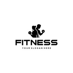 flat FITNESS people silhouette barbell logo design