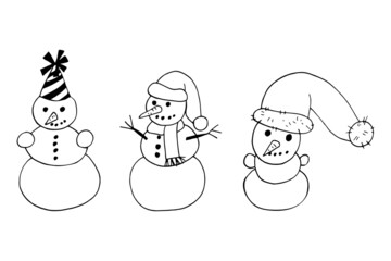 snowman set hand drawn doodle. vector, scandinavian, nordic, minimalism, monochrome. icon, sticker, decor, card, christmas, new year, winter.