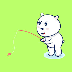 Cute snow bear sitting, vector illustration of snow bear fishing for fish