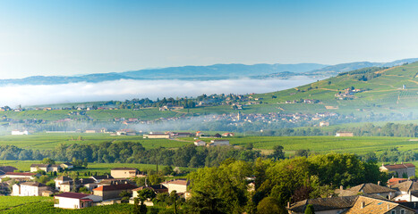 Vue panoramique sur le village de Cercié et ses alentours, Beaujolais, France