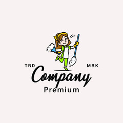 Cleaning Lady with Mop Logo Vector Icon Illustration