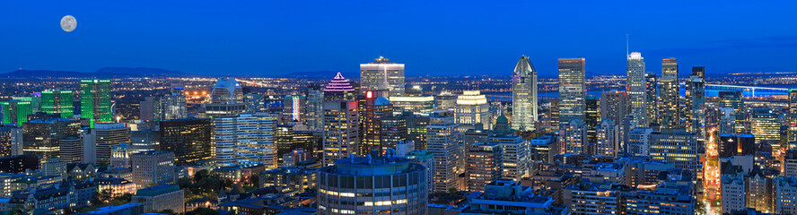 Aerial panoramic view of Montreal skyline at dusk, Quebec, Canada