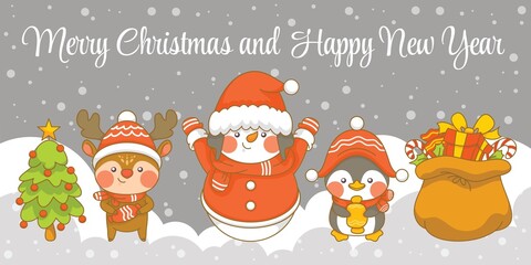 Cute deer penguin and snowman with christmas and new year greeting banner