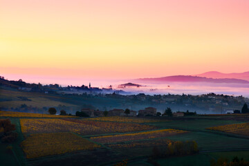 Village of Bois d'Oingt with first morning lights, Beaujolais, France