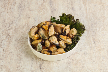 Tasty marinated mussels in the bowl