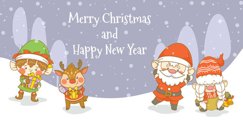 Cute santa gnome elf and deer with christmas and new year greeting banner