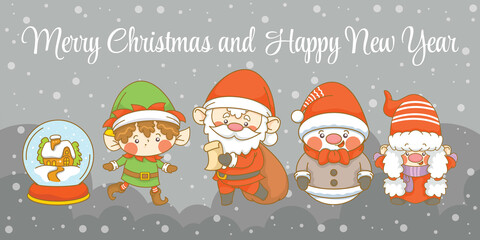 Cute santa gnome elf and snowman with christmas and new year greeting banner