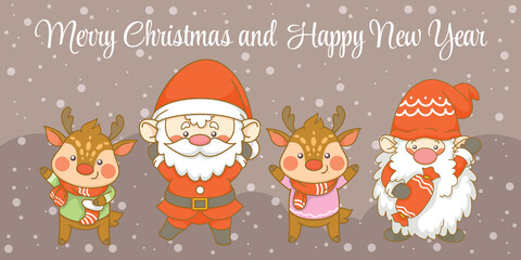 Cute santa gnome and deer with christmas and new year greeting banner