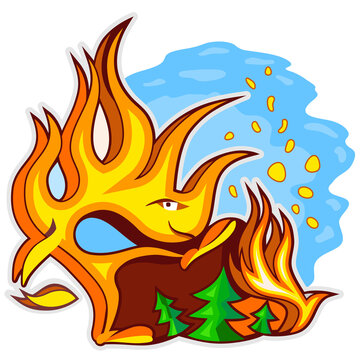 Trees is on fire. Environmental poster. Take care of the forest. Protecting the world. Cartoon vector illustration 