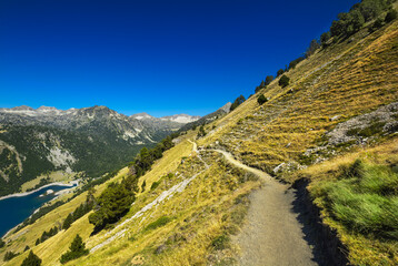 Fototapeta na wymiar Landscape during mountain hiking at Pyrenean mountain, Saint Lary Soulan