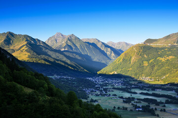 Saint Lary Soulan city and ski station, and his valley with first lights of the day