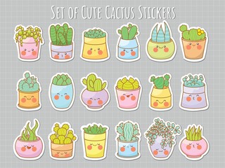 collection of cute sticker cactus and succulent plant cartoon character