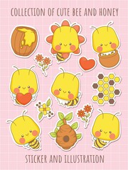 collection sticker of cute bee and honey cartoon character