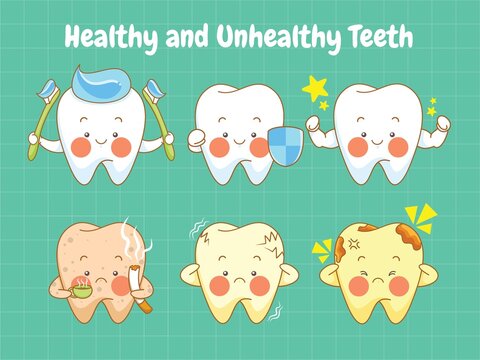 set of cute healthy and unhealthy teeth cartoon character
