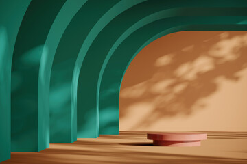 Brown platform on abstract arch background, mockup scene for product presentation, 3d rendering